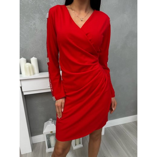 Czerwona Sukienka z Kopertowym Dekoltem i Marszczeniem Modnakiecka.pl 46 ModnaKiecka.pl