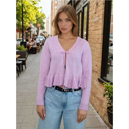 Sinsay - Kardigan z wiązaniem i dekoracyjną falbaną z domieszką wełny - różowy ze sklepu Sinsay w kategorii Swetry damskie - zdjęcie 188332372