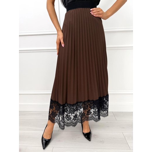 Czekoladowa Plisowana Spódnica z Koronką Modnakiecka.pl 40 okazja ModnaKiecka.pl
