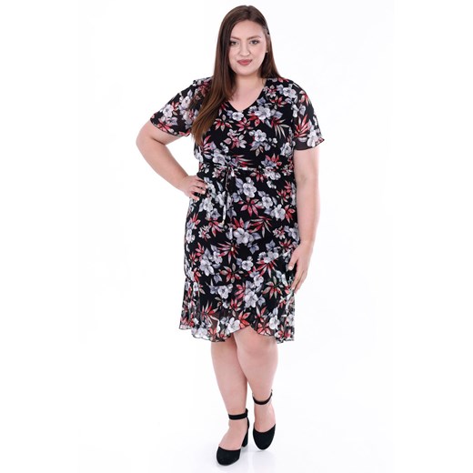 Sukienka FSU1076 CZARNY szaro amarantowe kwiaty ze sklepu fokus.pl w kategorii Sukienki - zdjęcie 188351192