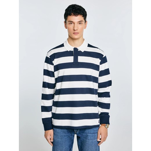 Koszulka męska polo z długim rękawem w pasy granatowo-białe Miker 100 ze sklepu Big Star w kategorii T-shirty męskie - zdjęcie 188379170
