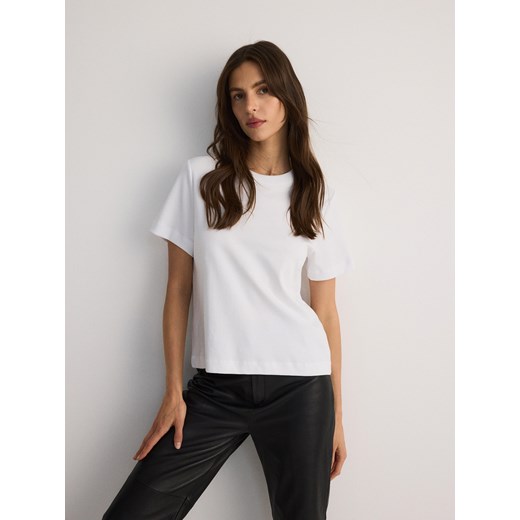 Reserved - T-shirt z bawełny merceryzowanej - biały ze sklepu Reserved w kategorii Bluzki damskie - zdjęcie 188504642