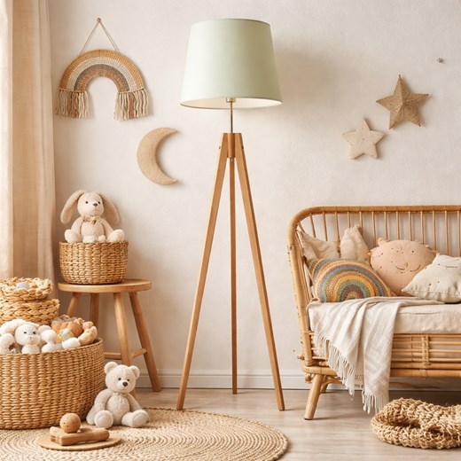 Drewniana lampa stojąca na 3 nogach ARUBA z miętowym abażurem ze sklepu Lysne w kategorii Lampy podłogowe - zdjęcie 188722201