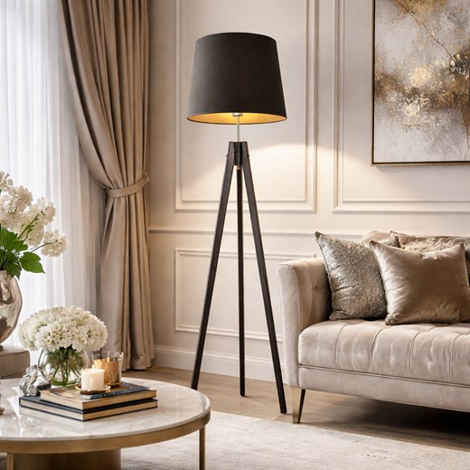 Drewniana lampa stojąca na trójnogu do salonu ARUBA GOLD ze sklepu Lysne w kategorii Lampy podłogowe - zdjęcie 188722203