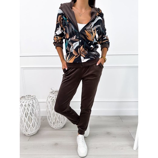 Czekoladowy Welurowy Komplet w Roślinny Wzór ze sklepu ModnaKiecka.pl w kategorii Dresy damskie - zdjęcie 188831432