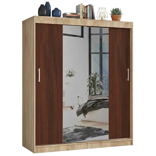 Przesuwna szafa z półkami i drążkiem dąb sonoma + wenge R7-A87 ze sklepu Edinos.pl w kategorii Szafy - zdjęcie 188832431