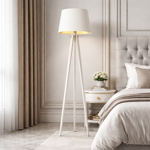 Biała lampa stojąca drewniana do salonu CURACAO GOLD designerska lampa drewniana stojąca ze sklepu Lysne w kategorii Lampy podłogowe - zdjęcie 188895963