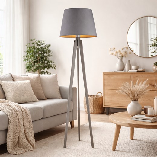 Szara lampa podłogowa na trzech nogach CURACAO GOLD lampa drewniana do salonu trójnóg ze sklepu Lysne w kategorii Lampy podłogowe - zdjęcie 188895973