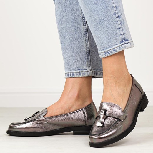 Srebrne pewter mokasyny damskie Potocki 12369 ze sklepu suzana.pl w kategorii Mokasyny damskie - zdjęcie 189010043