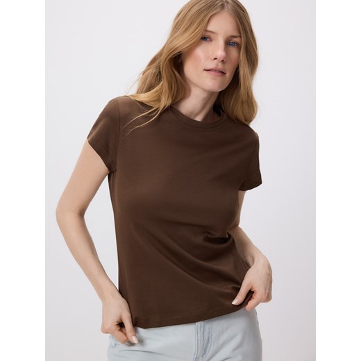 Reserved - T-shirt z domieszką jedwabiu - brązowy ze sklepu Reserved w kategorii Bluzki damskie - zdjęcie 189042223