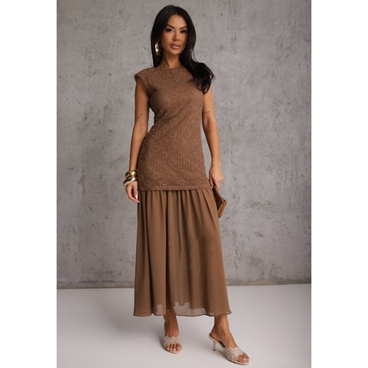 Brązowa Ażurowa Sukienka z Transparentnym Dołem i Usztywnionymi Ramionami Renee M renee.pl