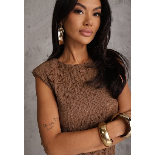 Brązowa Ażurowa Sukienka z Transparentnym Dołem i Usztywnionymi Ramionami Renee M renee.pl