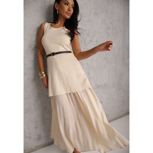Beżowa Dzianinowa Sukienka z Wiskozą Zdobiona Podszewką i Paskiem z Klamrą Renee S renee.pl