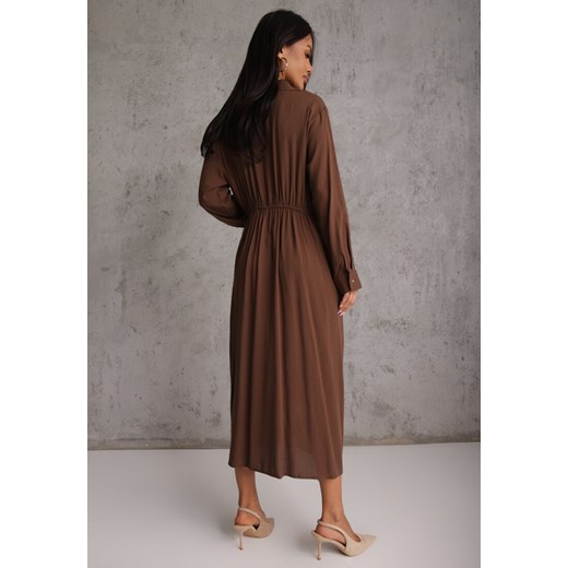 Brązowa Koszulowa Sukienka z Wiskozy z Asymetrycznym Drapowaniem i Guzikiem Renee M renee.pl