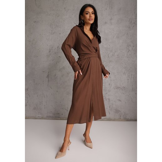 Brązowa Koszulowa Sukienka z Wiskozy z Asymetrycznym Drapowaniem i Guzikiem Renee L renee.pl