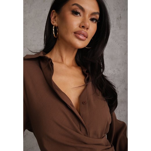 Brązowa Koszulowa Sukienka z Wiskozy z Asymetrycznym Drapowaniem i Guzikiem Renee XL renee.pl
