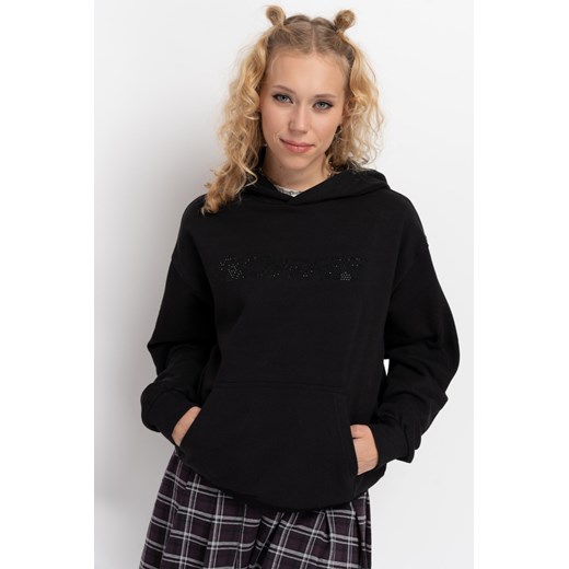 Czarna bluza REGULAR z kapturem z napisem z błyszczących dżetów, Rozmiar - 170, Kolor - Czarny ze sklepu REPORTER w kategorii Bluzy dziewczęce - zdjęcie 189107563