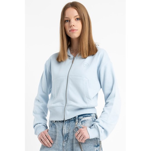 Niebieska bluza CROPPED z kapturem z minimalistycznym nadrukiem, Rozmiar - 140, Kolor - Niebieski ze sklepu REPORTER w kategorii Bluzy dziewczęce - zdjęcie 189108673