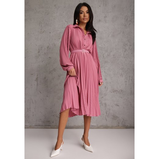 Fuksjowa Koszulowa Sukienka z Plisowanymi Zdobieniami i Paskiem z Klamrą Renee L renee.pl