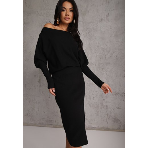 Czarna Nietoperzowa Sukienka z Dzianiny z Wiskozą z Dekoltem w Łódkę Yuzoma Renee S renee.pl