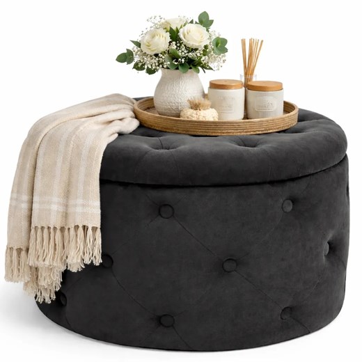 Czarna pikowana pufa ze schowkiem B7-H61 ze sklepu Edinos.pl w kategorii Pufy i siedziska - zdjęcie 189310293