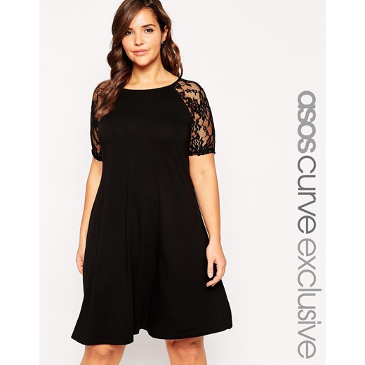 ASOS CURVE Swing Dress With Lace Raglan Short Sleeves - Black