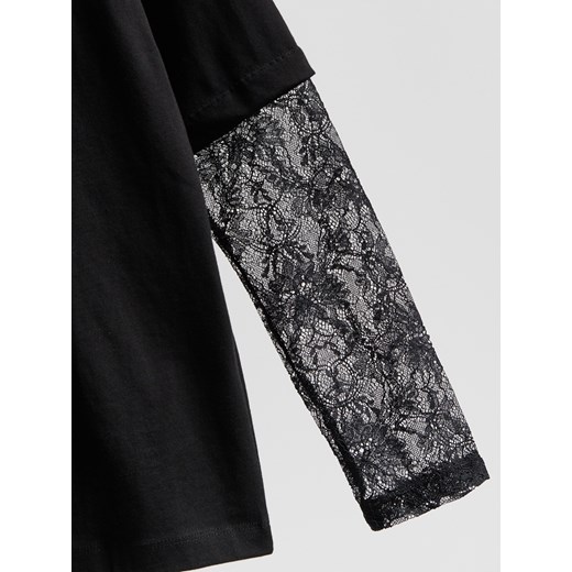 Reserved - T-shirt z koronkowymi rękawami - czarny Reserved M Reserved