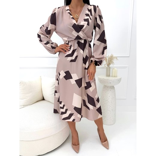 Beżowa Kopertowa Sukienka Midi w Geometryczny Wzór ze sklepu ModnaKiecka.pl w kategorii Sukienki - zdjęcie 189406853