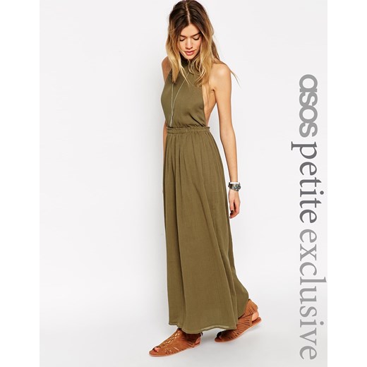 ASOS PETITE Maxi Dress in Cheesecloth with Halter Neck - Khaki