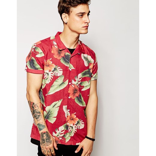 ASOS Viscose Shirt In Short Sleeve With Hibiscus Floral Print - Red
