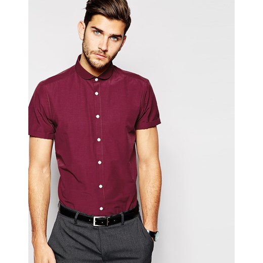 ASOS Smart Shirt With Short Sleeve And Curve Collar - Burgundy