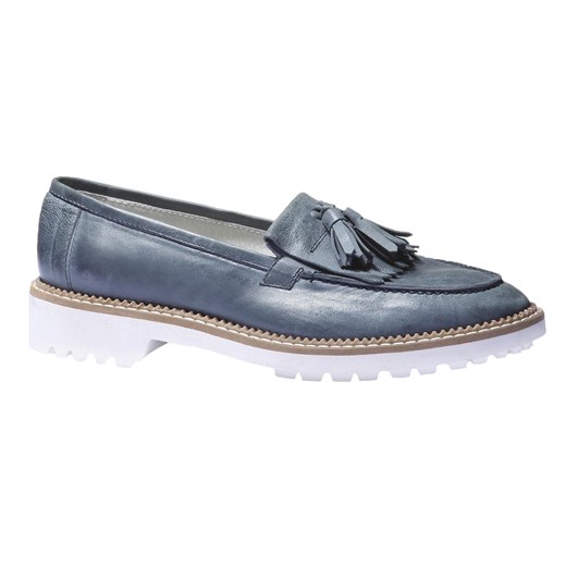 Damskie skórzane buty loafer z frędzlami bata-pl niebieski boho