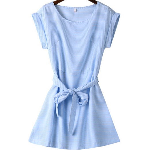 With Belt Striped Dress romwe niebieski 