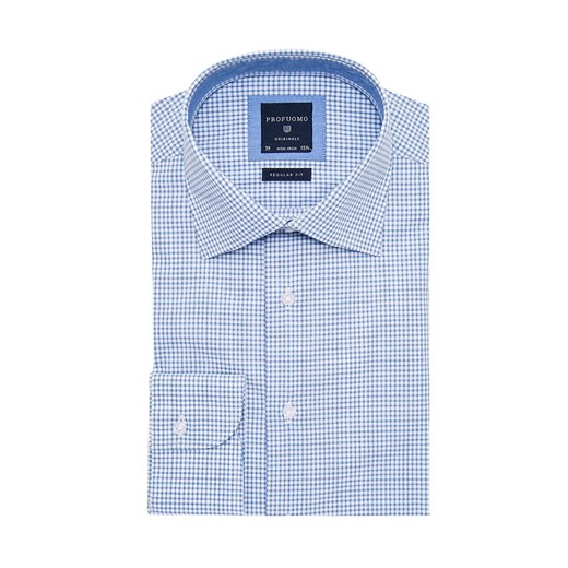 Elegancka koszula męska biała w drobną błękitną kratę NORMAL FIT eleganckipan-com-pl niebieski bawełna