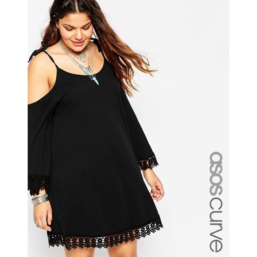 ASOS CURVE Swing Dress With Cold Shoulder & Lace Hem - Black