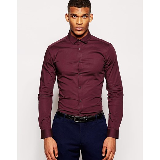 ASOS Skinny Fit Shirt In Burgundy With Long Sleeves - Burgundy