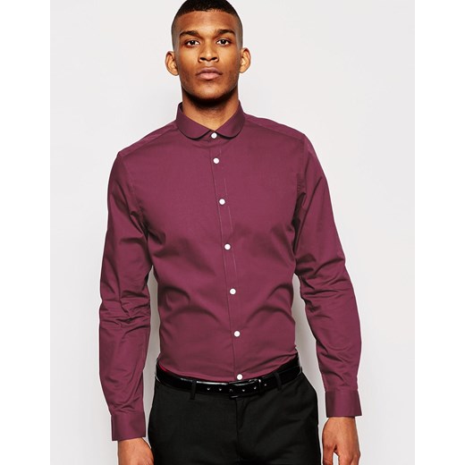 ASOS Smart Shirt In Long Sleeve With Curve Collar - Burgundy asos fioletowy Koszule casual męskie