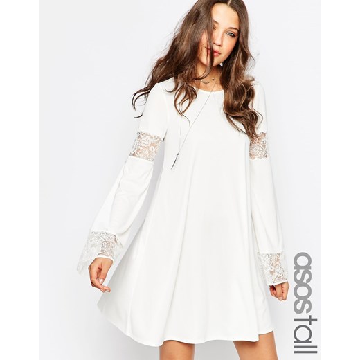 ASOS TALL Boho Swing Dress With Long Sleeve And Lace Inserts - Ivory