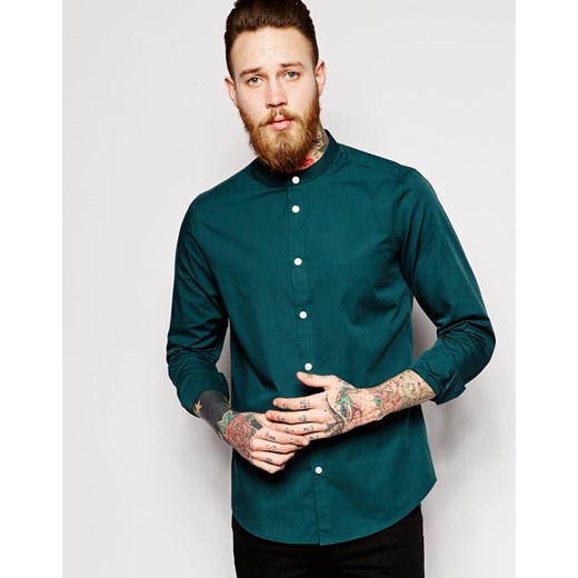 ASOS Shirt In Long Sleeve With Grandad Collar - Teal asos zielony Koszule casual męskie
