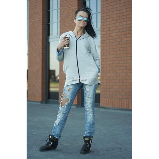 Bluza asymetryczna bez ściagacza - jeans sakolife-pl szary Bluzy z kapturem damskie
