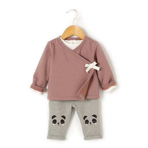 Komplet 3-częściowy sweter rozpinany, koszulka i spodnie dresowe la-redoute-pl rozowy dzianina