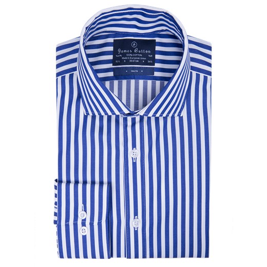 Stripes Dark Blue Two-Ply Cotton Luxury Twill Slim Fit Shirt jamesbutton-com niebieski bawełna