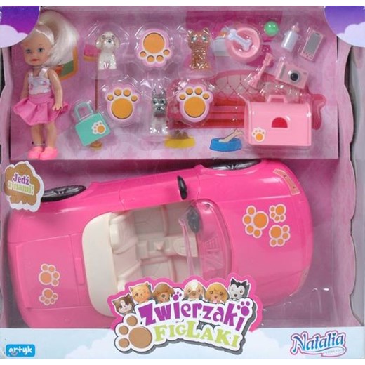 Natalia, lalka z autkiem i zwierzątkami Klusek, Figa i Drops - Odzież dziecięca w promocji 3za2! empik rozowy motyw zwierzęcy
