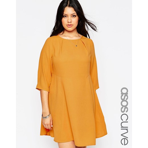 ASOS CURVE Seamed Swing Dress with Long Sleeve - Mustard asos pomaranczowy fit