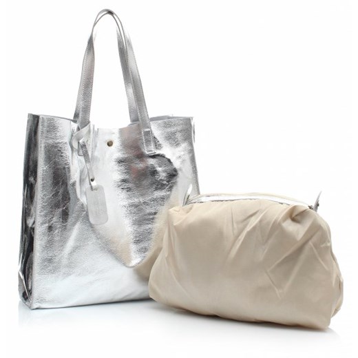 Torba Skórzana Shopper Bag z Kosmetyczką Silver torbs-pl szary casual