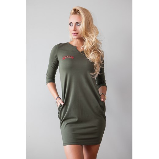 Sukienka w stylu militarnym z wiązaniem gorsetowym na plecach khaki fasardi-com szary bez wzorów