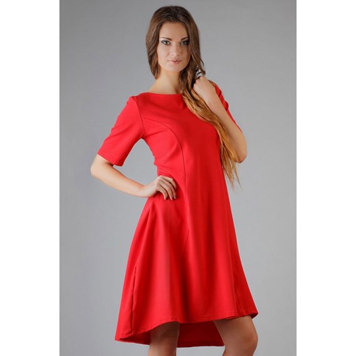 Czerwona Elegancka Rozkloszowana Sukienka z Wydłużonym Tyłem molly-pl pomaranczowy 