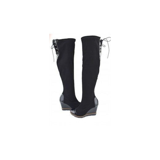 Kozak długi za kolano snickers koturna lycra czarny lakier skóra mk-shoes czarny glamour