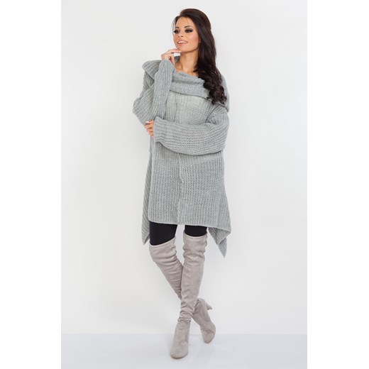 Asymetryczny sweter z kominem F224, Kolor: Szary, Rozmiar: UNI