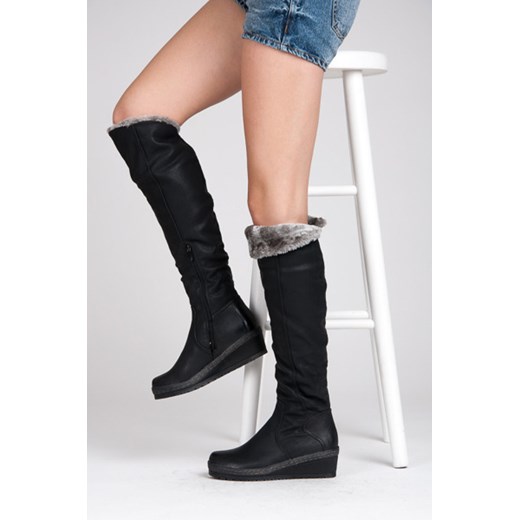 WYSOKIE I CIEPŁE KOZAKI NA KOTURNIE cervandone-pl szary na koturnie